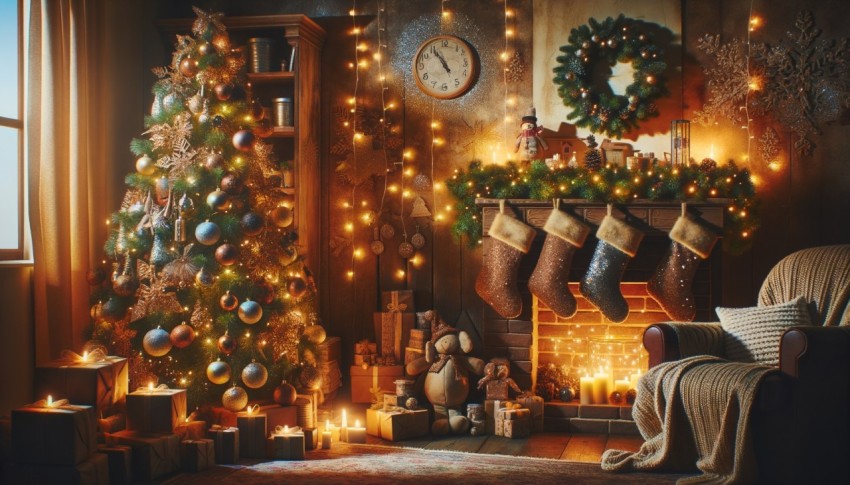 Christmas living room with a decorated tree, stockings, and glowing lights.