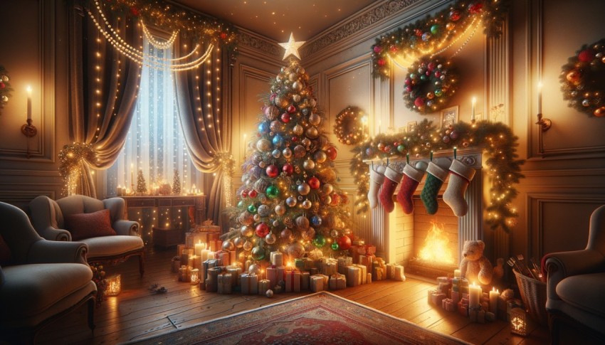 Christmas living room with a decorated tree, stockings, and glowing lights.