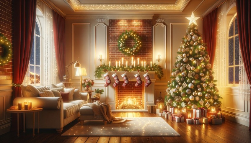 Christmas living room with a decorated tree, stockings, and glowing lights.