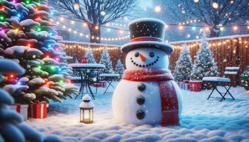 Twinkling Holiday Lights and Snowman for a Cheerful Front Yard Christmas Decoration