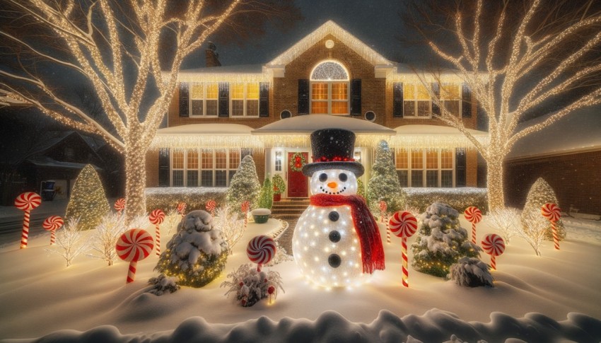 Twinkling Holiday Lights and Snowman for a Cheerful Front Yard Christmas Decoration