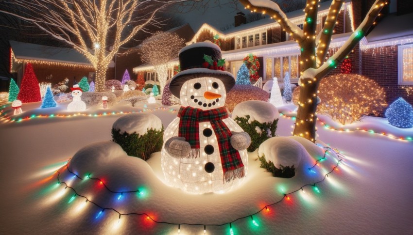 Twinkling Holiday Lights and Snowman for a Cheerful Front Yard Christmas Decoration