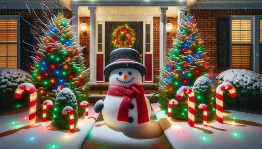 Twinkling Holiday Lights and Snowman for a Cheerful Front Yard Christmas Decoration