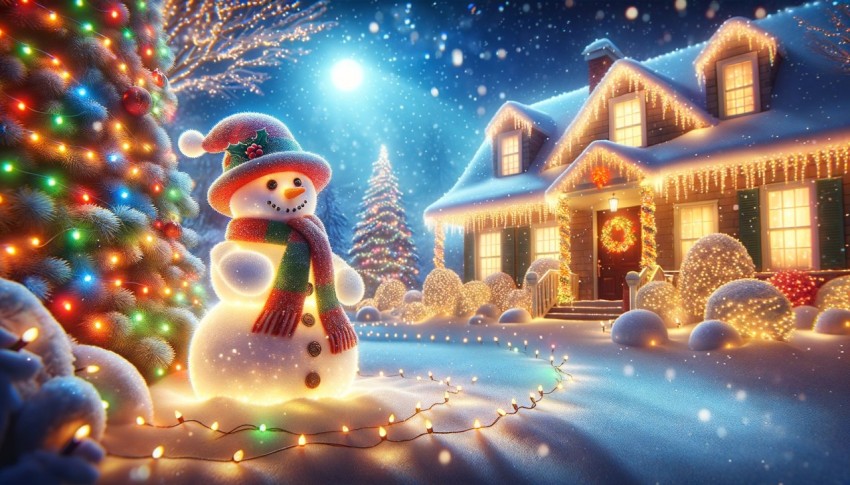 Twinkling Holiday Lights and Snowman for a Cheerful Front Yard Christmas Decoration