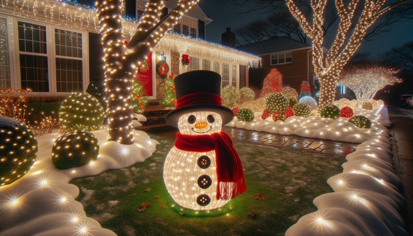 Twinkling Holiday Lights and Snowman for a Cheerful Front Yard Christmas Decoration