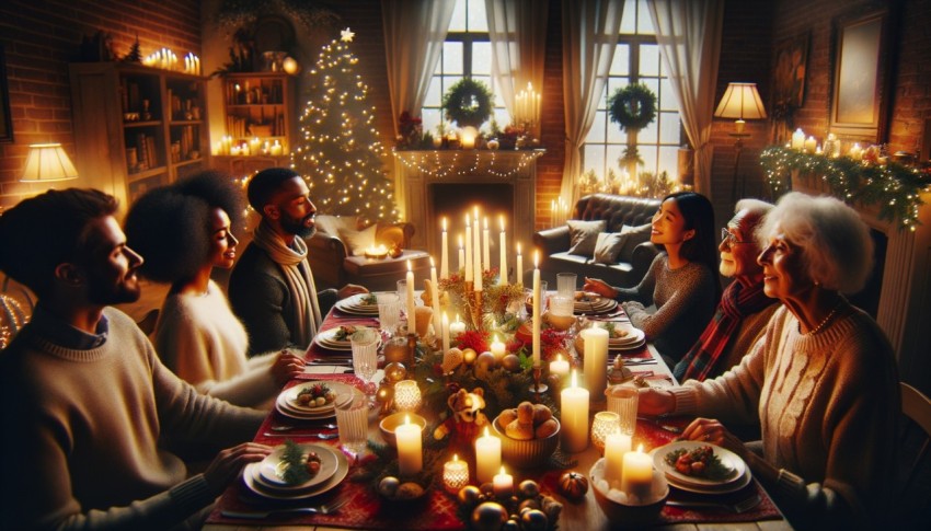 People in a cozy Christmas living room with a festive dining table decorated with dishes and candles.