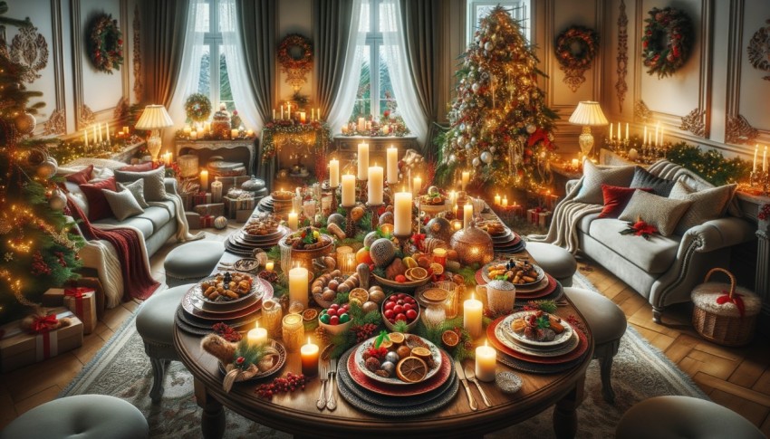 People in a cozy Christmas living room with a festive dining table decorated with dishes and candles.