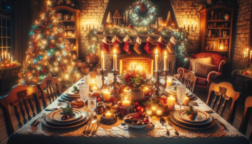 People in a cozy Christmas living room with a festive dining table decorated with dishes and candles.