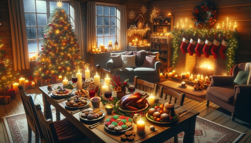 People in a cozy Christmas living room with a festive dining table decorated with dishes and candles.