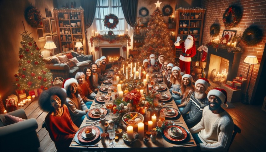 People in a cozy Christmas living room with a festive dining table decorated with dishes and candles.