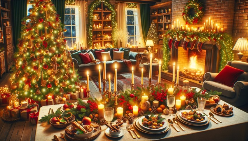 People in a cozy Christmas living room with a festive dining table decorated with dishes and candles.