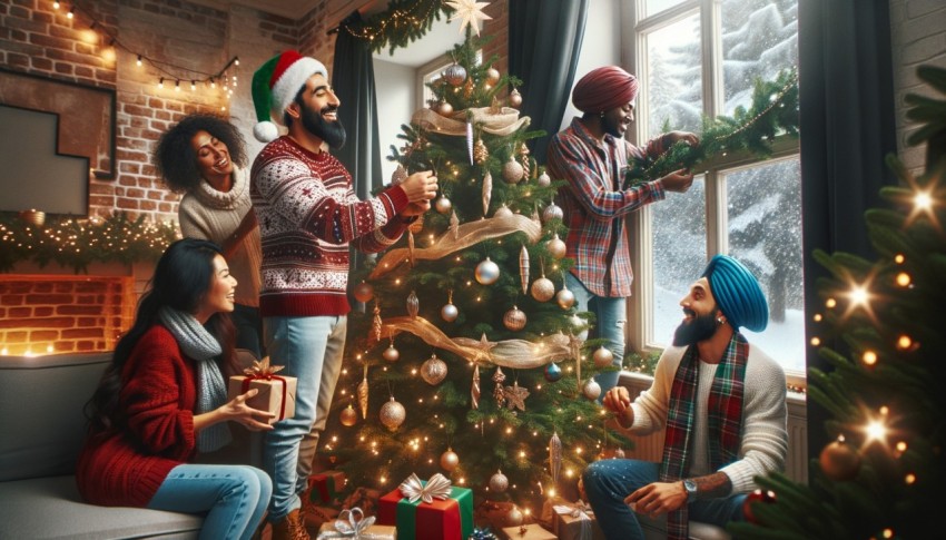 A person at home decorating a Christmas tree.