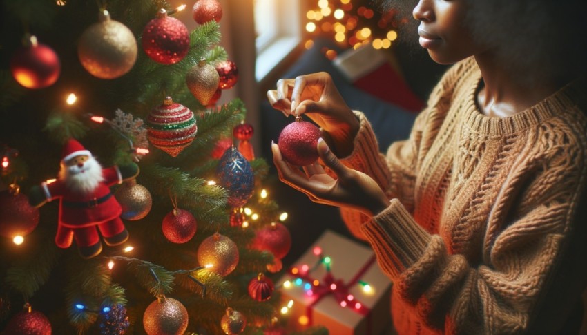 A person at home decorating a Christmas tree.