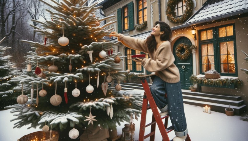 A person at home decorating a Christmas tree.