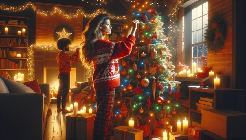 A person at home decorating a Christmas tree.