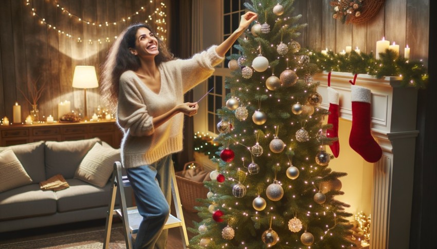 A person at home decorating a Christmas tree.