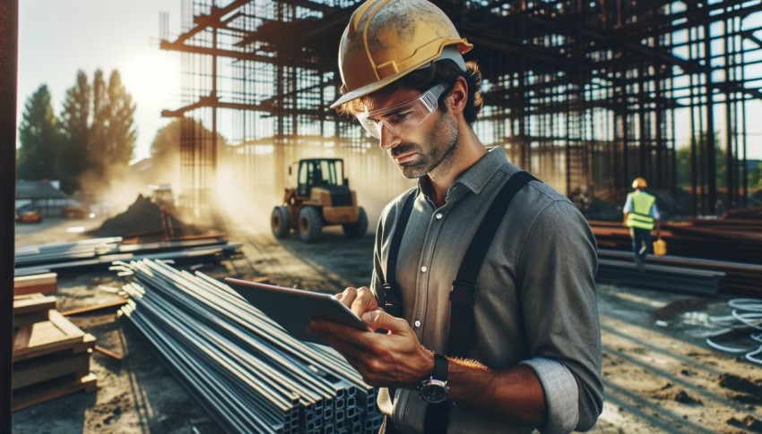 While looking at a tablet, an architect wearing a hard hat checks the details of his work at a construction site.