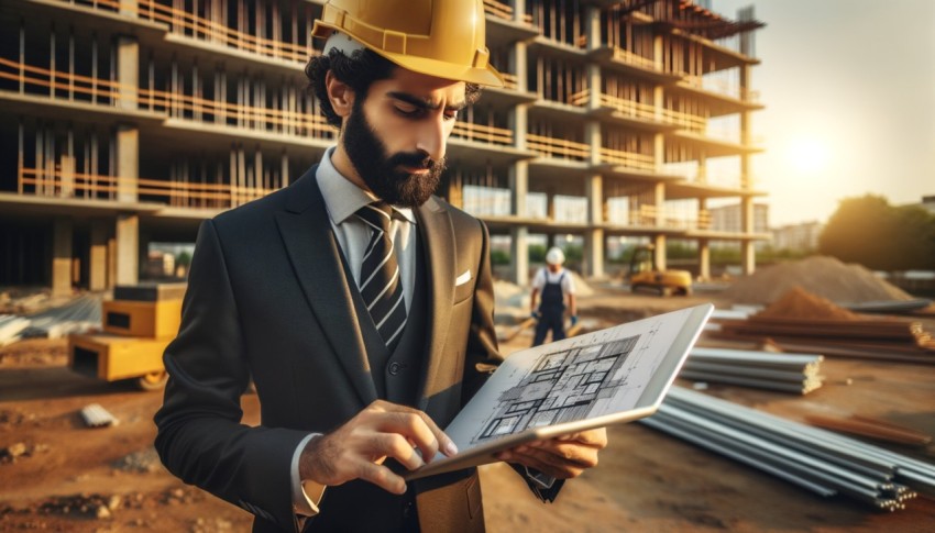 While looking at a tablet, an architect wearing a hard hat checks the details of his work at a construction site.