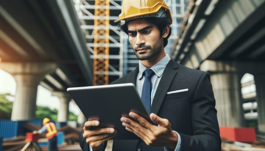 While looking at a tablet, an architect wearing a hard hat checks the details of his work at a construction site.