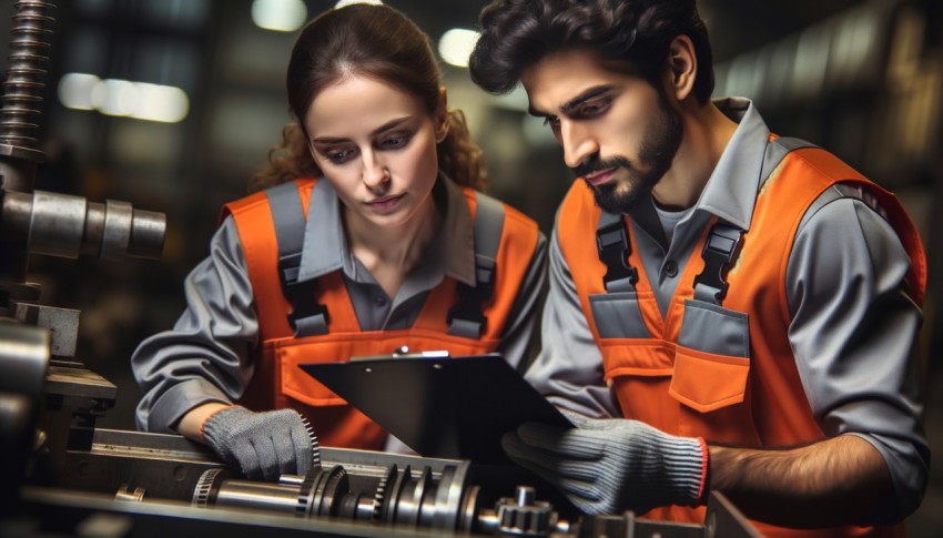 Workers are looking at a piece of machinery; one of them is holding a clipboard.