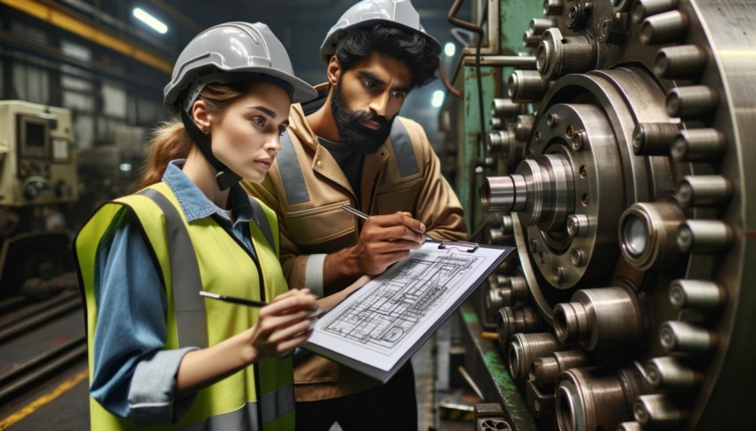 Workers are looking at a piece of machinery; one of them is holding a clipboard.