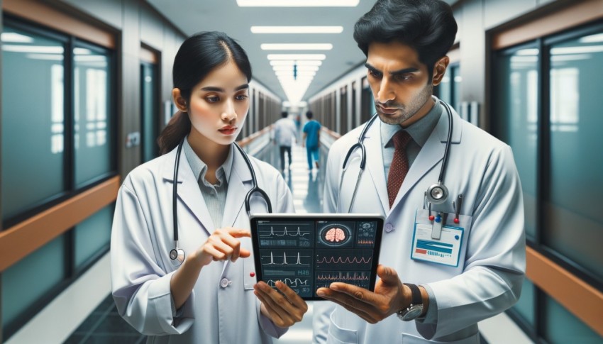 As they walk through the hospital hallway, doctors consult a digital tablet computer while discussing the health of a patient.