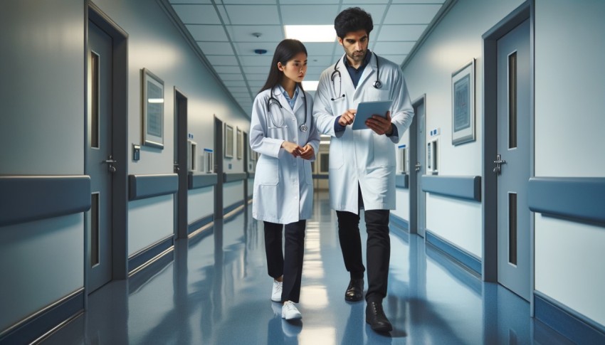 As they walk through the hospital hallway, doctors consult a digital tablet computer while discussing the health of a patient.