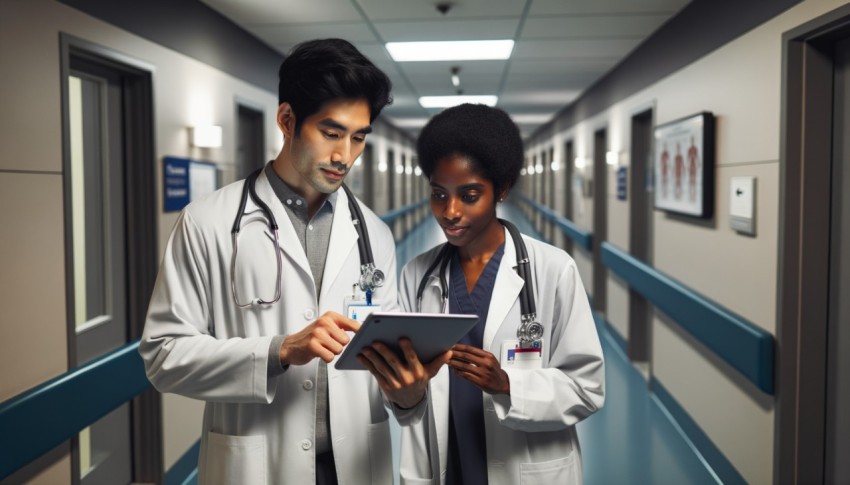 As they walk through the hospital hallway, doctors consult a digital tablet computer while discussing the health of a patient.