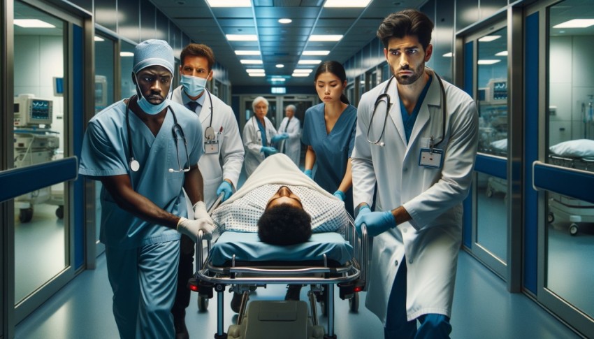 Medical staff rush a seriously injured patient to the operating theater through hospital corridors.