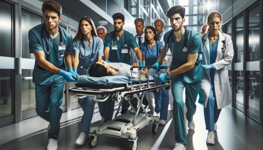 Medical staff rush a seriously injured patient to the operating theater through hospital corridors.