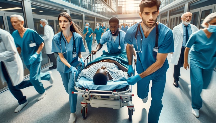 Medical staff rush a seriously injured patient to the operating theater through hospital corridors.