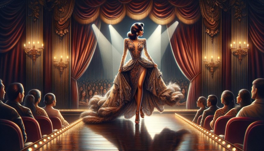 The singer on the cabaret stage in a luxurious dress.