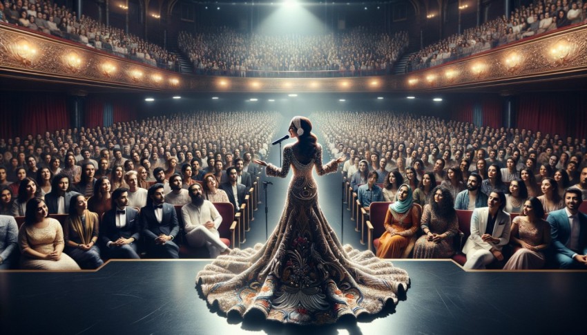 The singer on the cabaret stage in a luxurious dress.