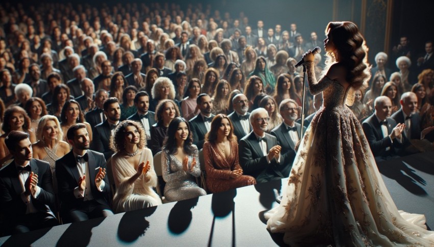 The singer on the cabaret stage in a luxurious dress.