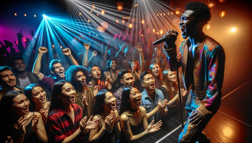 Male singer performing on stage at a nightclub, surrounded by a crowd.