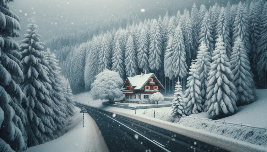 In winter, snowy trees and a cottage line the roadside, with ongoing snowfall.