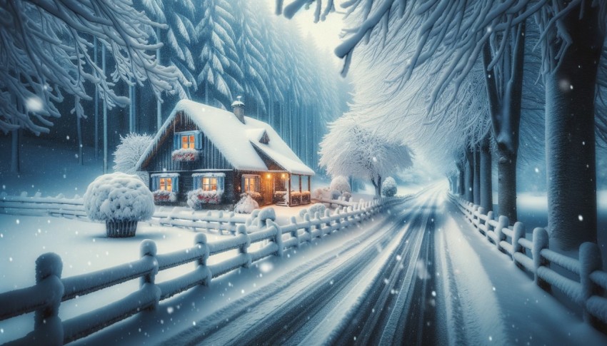 In winter, snowy trees and a cottage line the roadside, with ongoing snowfall.