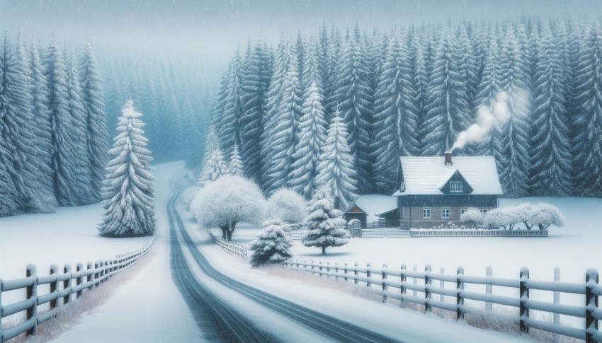 In winter, snowy trees and a cottage line the roadside, with ongoing snowfall.