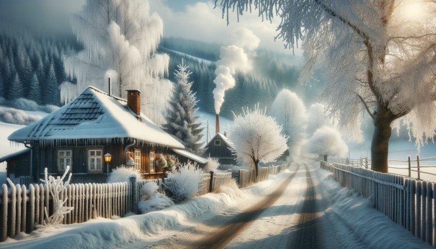 In winter, snowy trees and a cottage line the roadside, with ongoing snowfall.