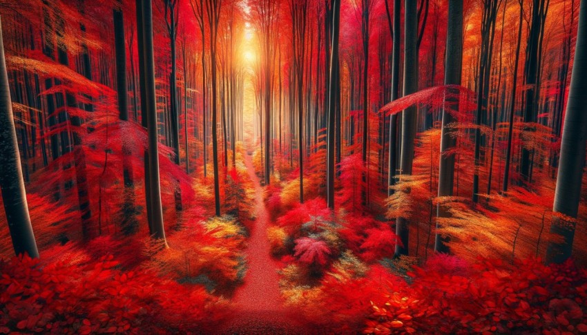 Autumn colors and a footpath enhance the deep forest, creating a stunning landscape.