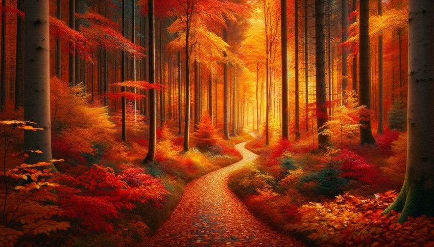 Autumn colors and a footpath enhance the deep forest, creating a stunning landscape.