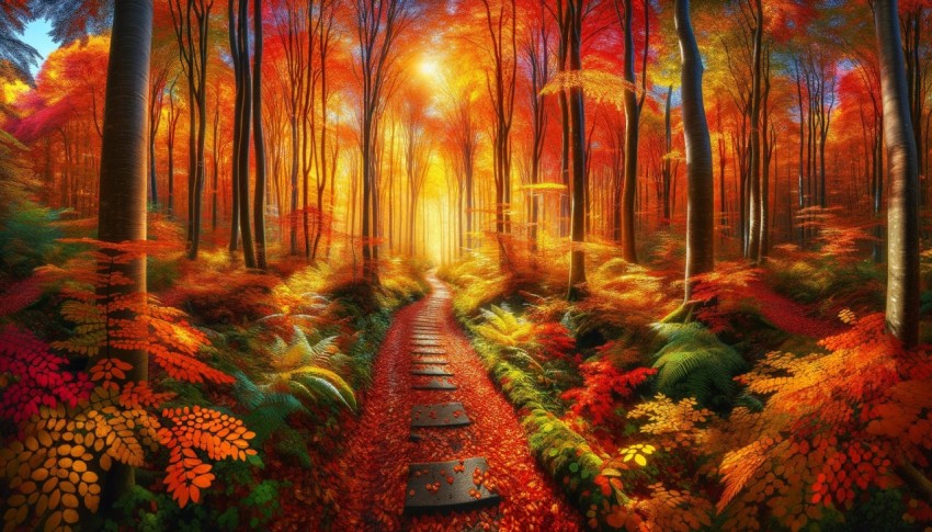 Autumn colors and a footpath enhance the deep forest, creating a stunning landscape.