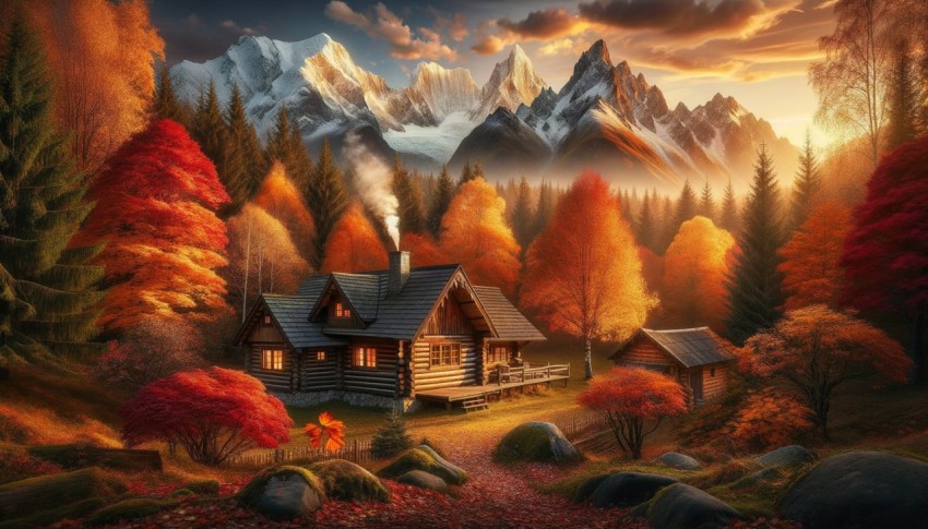 An autumn forest surrounded by a cottage and mountains.