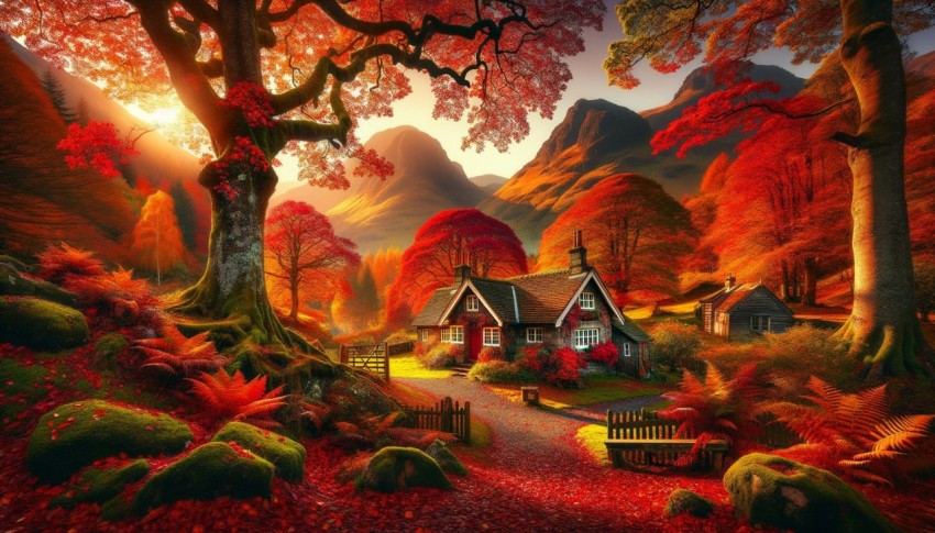 An autumn forest surrounded by a cottage and mountains.