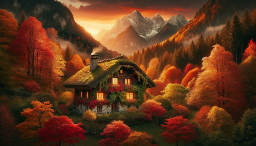 An autumn forest surrounded by a cottage and mountains.