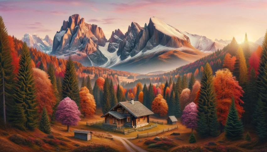 An autumn forest surrounded by a cottage and mountains.