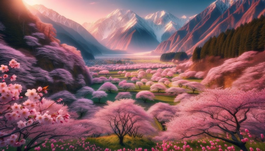 Spring season filled with cherry trees shedding their blossoms, surrounded by mountains.