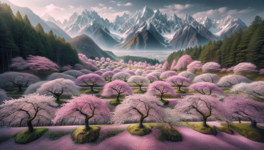 Spring season filled with cherry trees shedding their blossoms, surrounded by mountains.