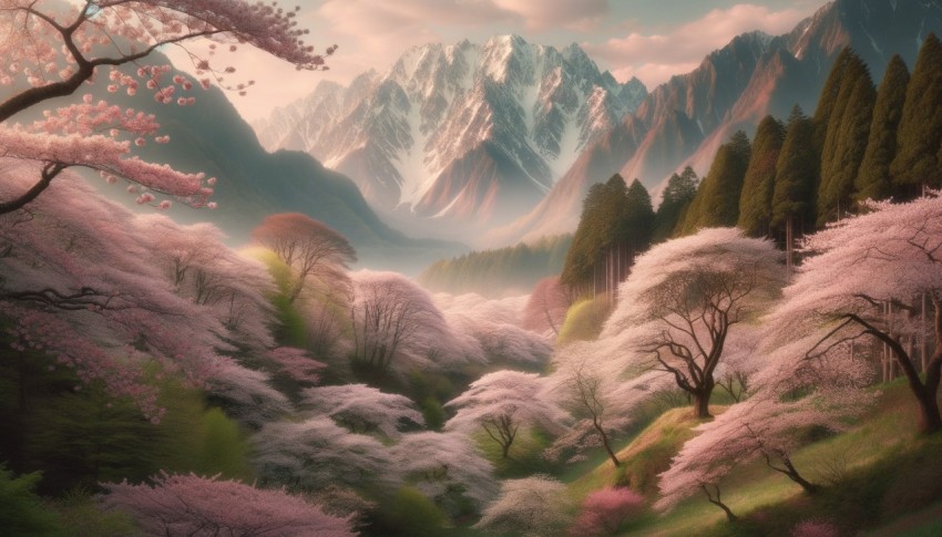 Spring season filled with cherry trees shedding their blossoms, surrounded by mountains.