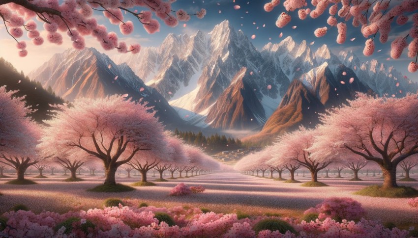 Spring season filled with cherry trees shedding their blossoms, surrounded by mountains.